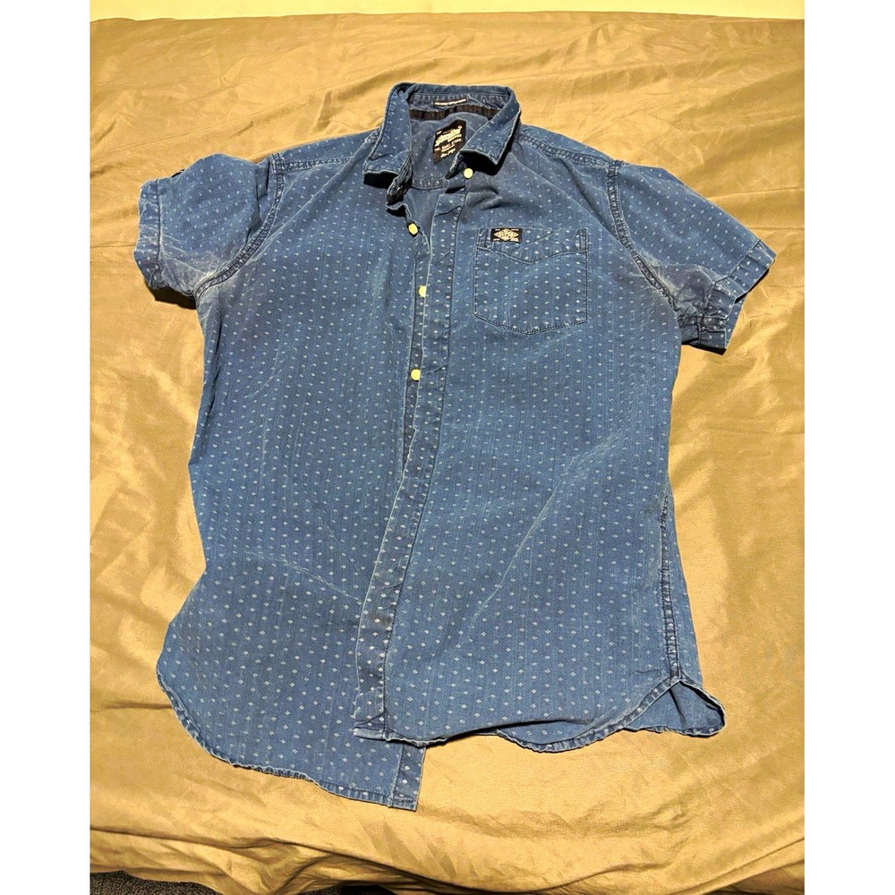 Superdry Vintage The Ghost Blue Geometric Short Sleeve Button-Up Shirt Mens L